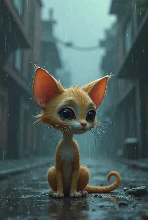 3d cartoon of a thin and slender kitten named Whiskers, with disheveled fur and sad eyes, sitting in a dark and damp alley, watching the rain fall .