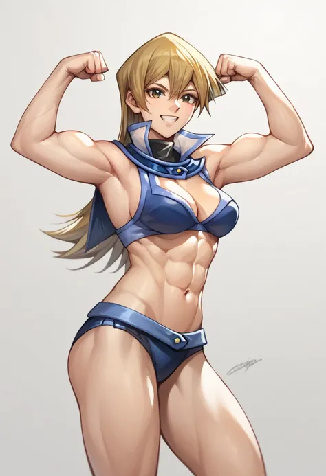 score_9, score_8_up, score_7_up, score_6_up, score_5_up, score_4_up, source_anime, Alexis Rhodes, Tenjouin Asuka, 203_wolves, Yu-Gi-Oh GX, solo, flexing, abs, blonde hair, blue bikini, smile