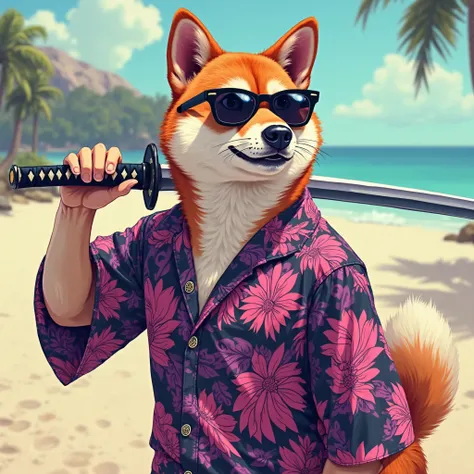 A Shiba dog with sunglasses, a super epic beach shirt and katana in pink, purple and black from the hips up and looking to the right
