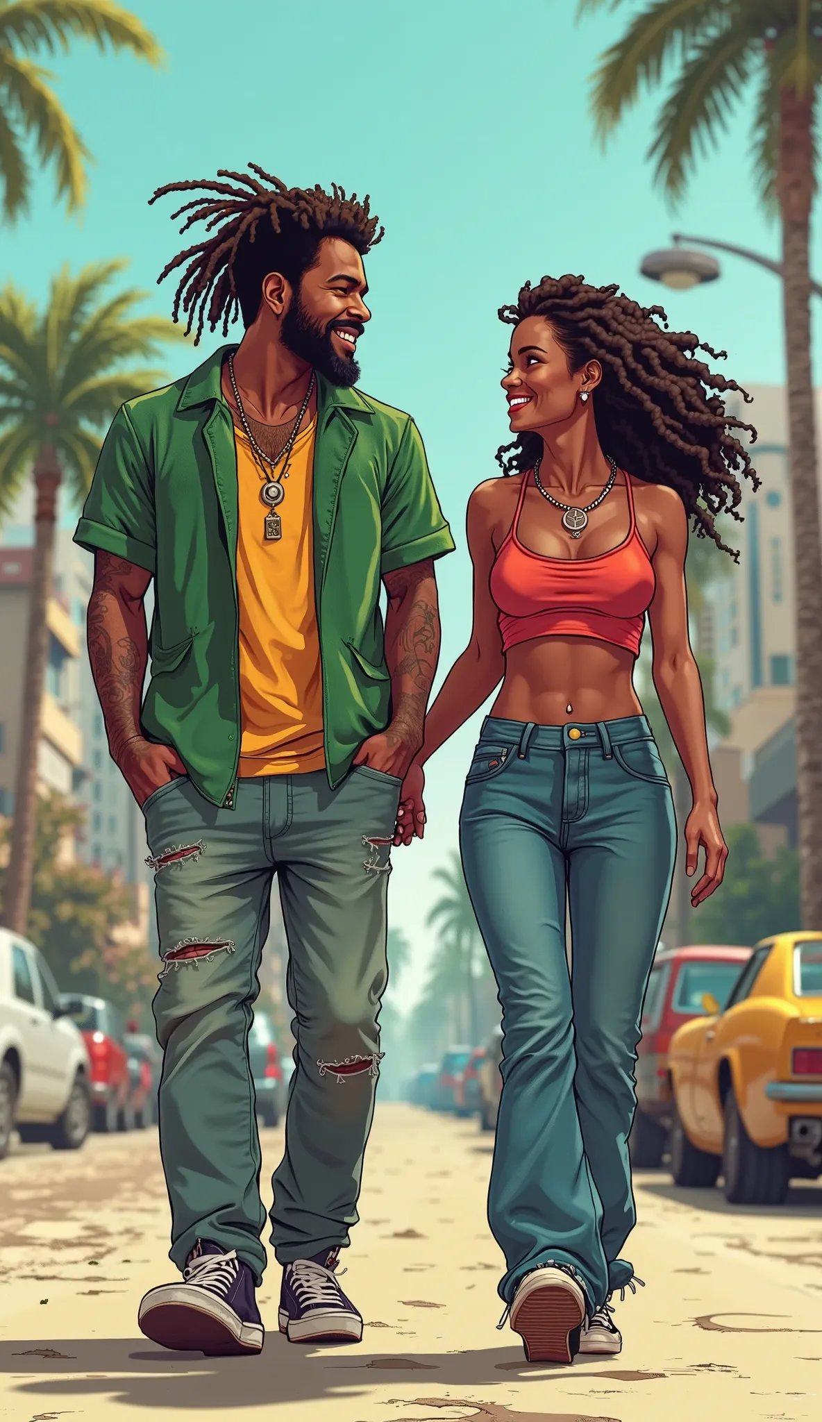 Create high-quality GTA cartoon-style image, Comic book style , of a Jamaican with Rastafarian hair ,  walking with his girlfriend, a Jamaican woman with Rastafarian hair, happy, one looking at the other 