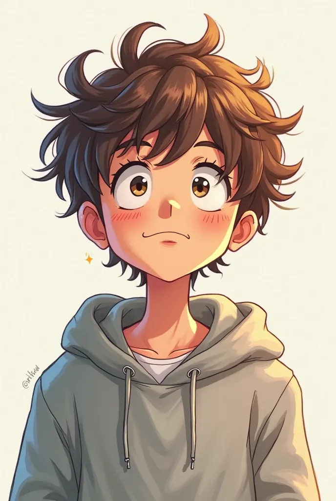 Anime cartoon character Guy with brown hair who has an idea expression on face with top hoody showing