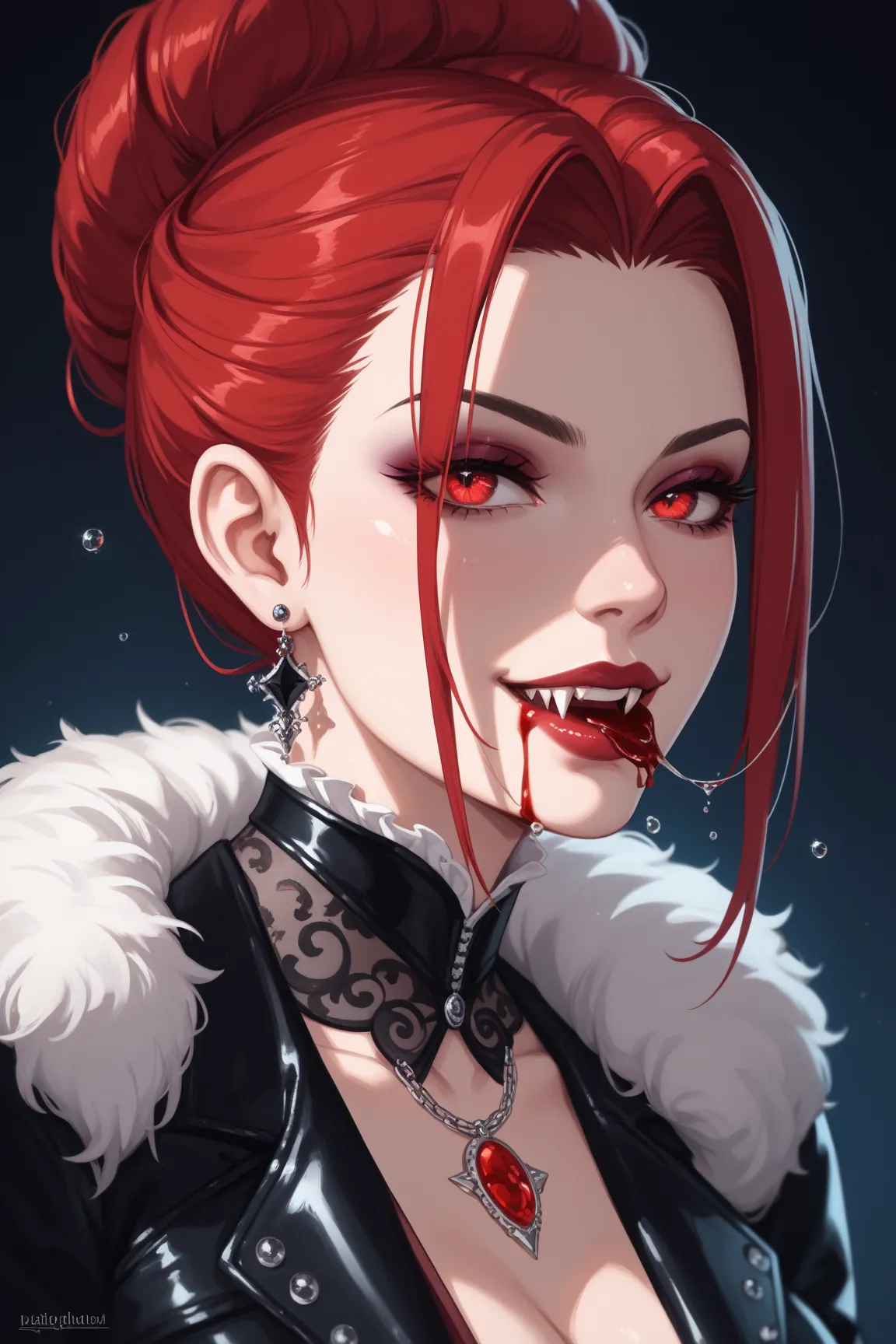 (masterpiece), best quality, expressive eyes, perfect face, sexy, sultry, female vampire, leather fetish wear, smiling with fangs showing, bright red hair, lots of blood on mouth, blood on chin, blood dripping from lips, the background is a dim boudoir wit...