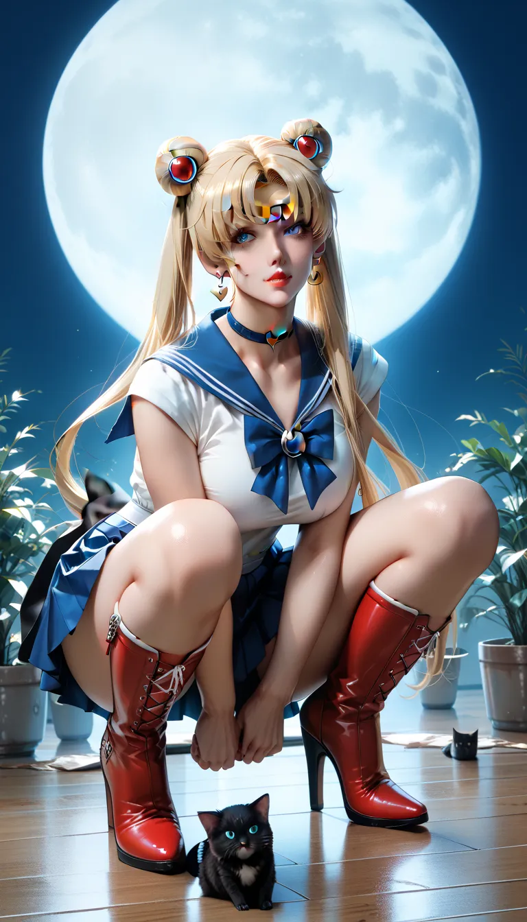 sailor moon , long blonde hair , piercing blue eyes, squatting, front view, perreo, full body, blue miniskirt, Red boots, , , voluptuous body, on the Moon, gato grande negro , black cat in the legs,
