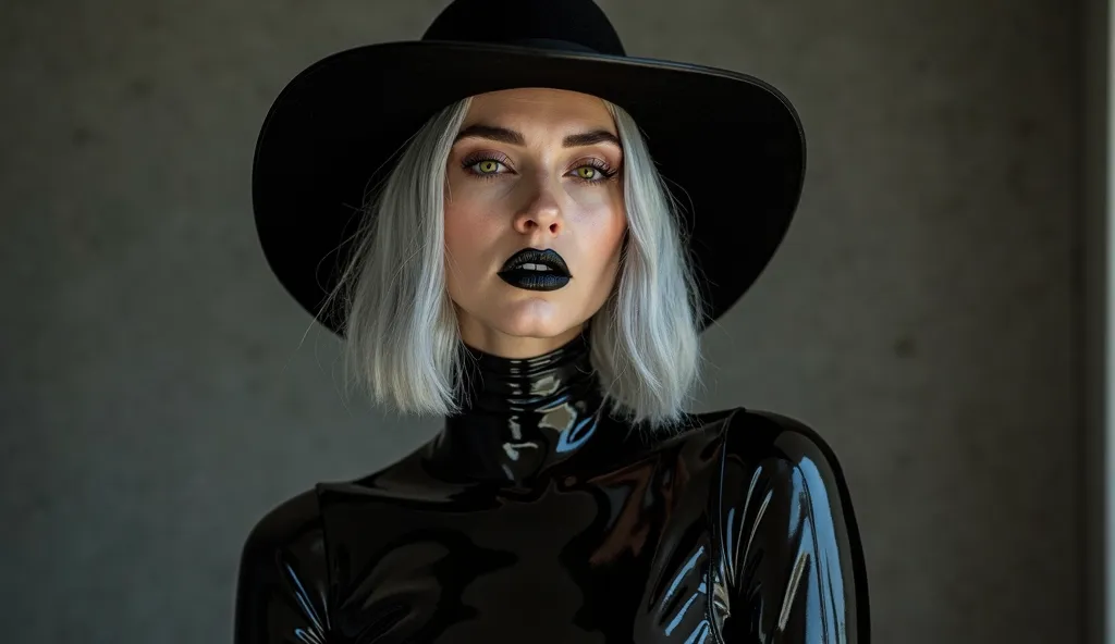 In a dimly lit room, a woman stands confidently, her very long bob cut silver metallic hair catching the faint light. You see her whole form from her boots, bodysuit, gloves, face, eyes, lips, nose, hair and the large shiny latex hat she wears. She is clad...