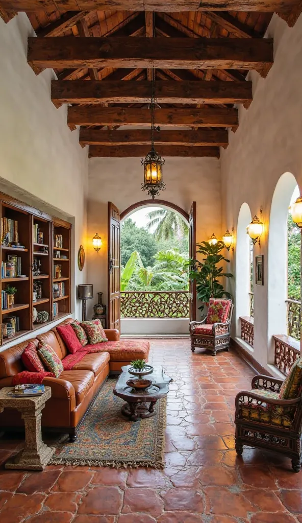 Second-Floor Living Room & Hallway – Colombian Style

A luxurious second-floor living room with exposed wooden beams, white stucco walls, and terracotta tile flooring. A handcrafted wooden bookshelf, an L-shaped leather sofa with vibrant woven cushions, an...