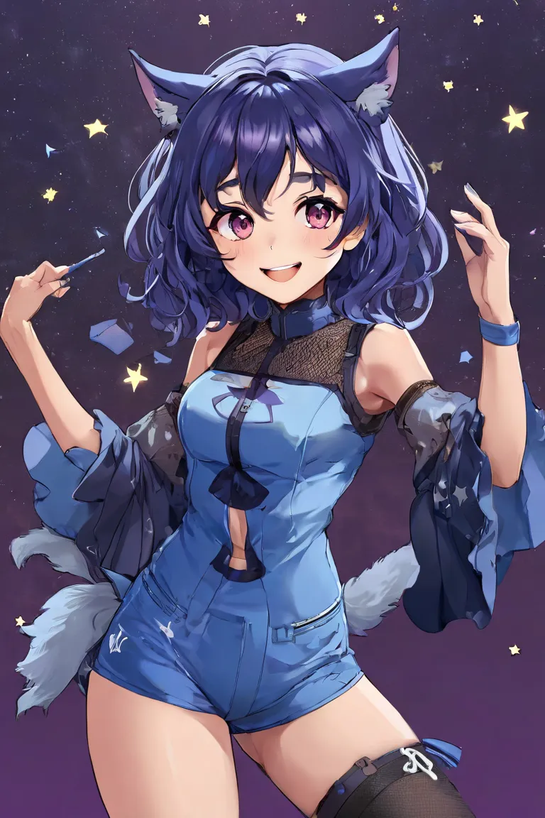 " Young Woman, latina, cabelo azul-blueberry, honeyed eyes, tez morena, wearing a costume in shades of lavender, medium blue and silver, with an air of dream and stars. Wolf cut,  youthful appearance, smiling and happy.  looking like an anime character , p...