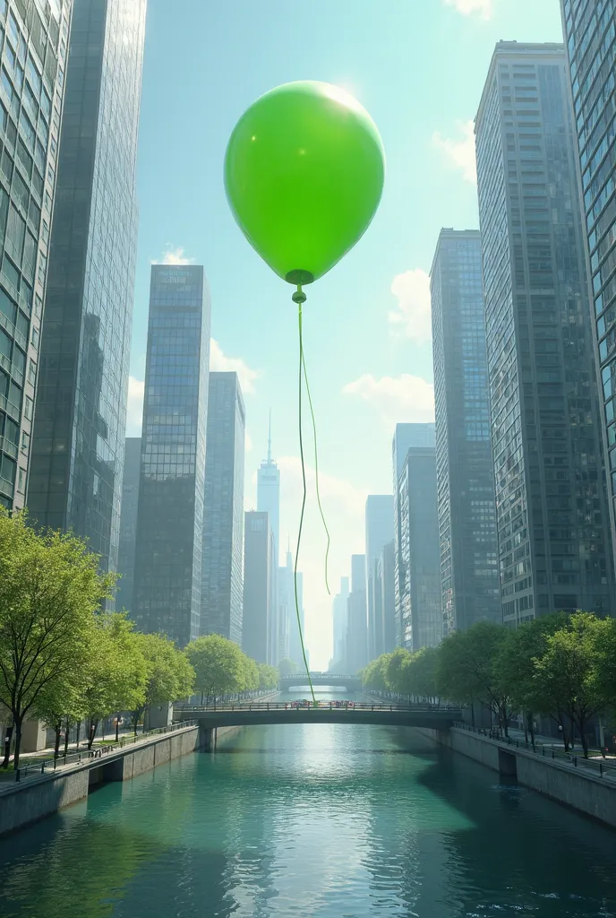 Show 1 solo green balloon being hit by a gust of wind sending it  from above a river into a modern city, with skyscrapers 