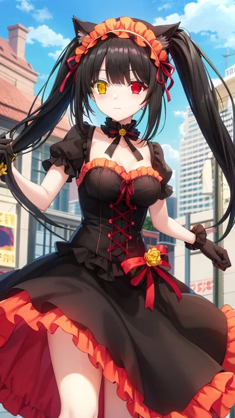 Masterpieces, Best Quality, girl, looking at viewer, kurumi tokisaki astral dress, (tokisaki kurumi:1.2), long hair, black hair, (red eyes:1.3), (twintails:1.5), (yellow eyes:1.3), hairband, (heterochromia:1.5), animal ears, cat ears, cat girl, large breas...