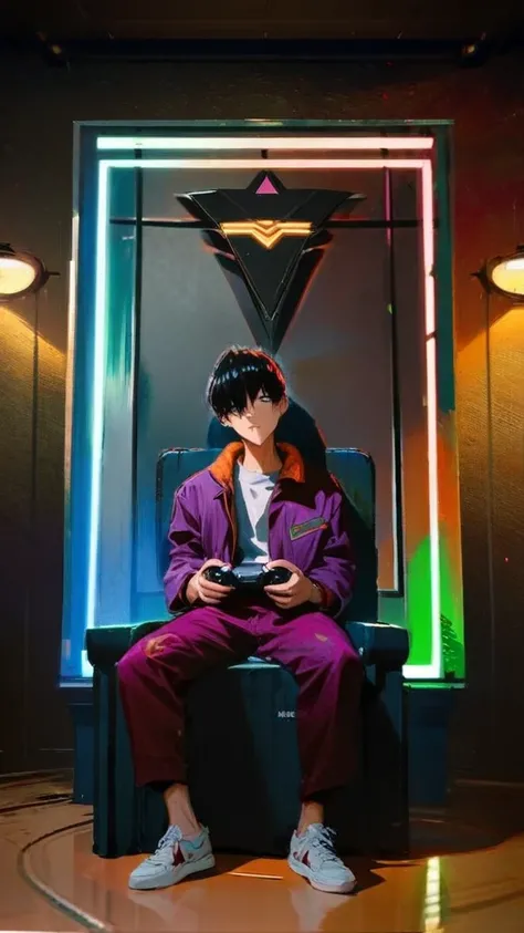  boy,  neon genesis evangelion template, fruit grape, player,  alone, eye patch, purple jumpsuit,  sitting on the throne, head tilt, Holding video game controller, Lance de Longinus \(evangelion\), tiro de cowboy, depth of field, fake traditional media, Pi...