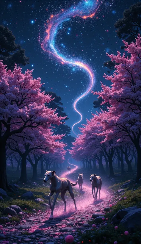 A galactic path made of、star々extends over the forest of cherry blossoms at night。greyhounds sprint over it、走るたびにstar屑が桜の花の形に変わり、soars up into the night sky。