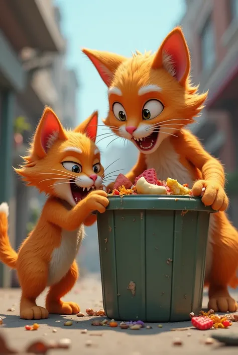 Whiskers 3d cartoon orange disheveled cat trying to get a piece of food thrown in the trash, but being pushed away by a bigger and stronger cat, with an expression of anger and contempt.