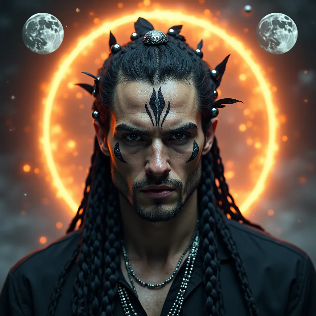 Masterpiece, best quality, highresolution. A portrait of a man with braided pitch black hair, decorated occasionally with silver balls and other trinkets. Some of the braids have raven feathers. He has fair skin skin. ((He has pitch black eyes with no whit...