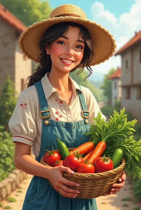 “A middle-aged woman in the village，wearing a floral cloth and straw hat，with warm smiles，holding a basket of fresh vegetables（tomato、cucumber、Carrots and greens）， illustration style 。”