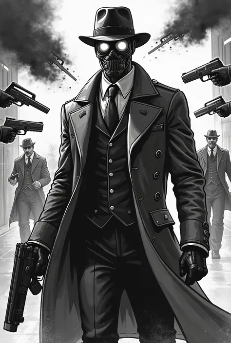 The Rift Agent in a battle against futuristic Nazis in a hi action sequence with machines guns shooting at each other, clad in an  trench coat, a fedora, and a futuristic mask with a glowing visor. His bulletproof suit conceals weapons, while his gloves in...