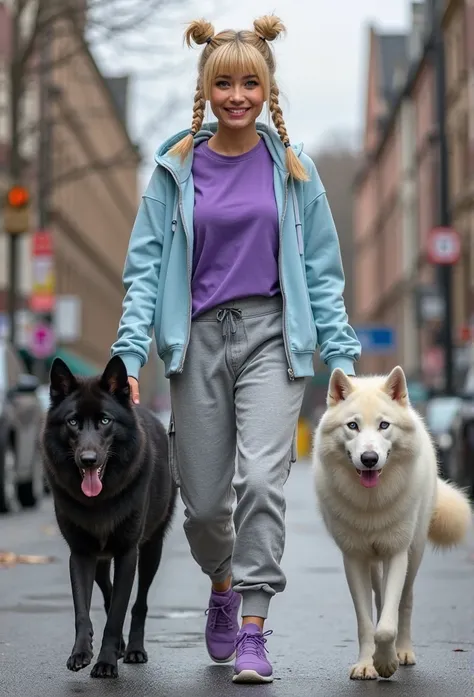 Asian/Scandinavian woman. Blonde hair with twin buns, bangs and braids. Bright blue eyes. Smiling.tall, Athletic, intimidating. Grey sweat pants, Violet t-shirt, baby blue hoodie. Purple sneakers.  Walking two dog/Wolf's. One black. One white.