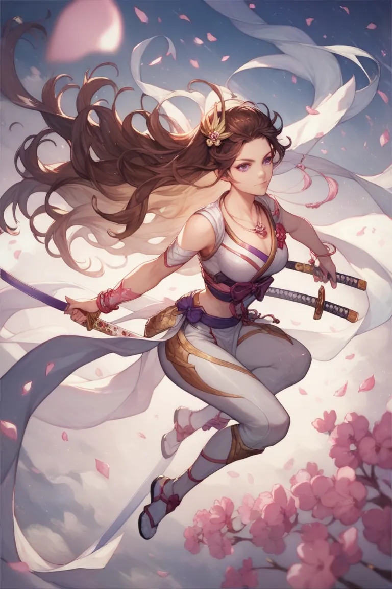 Brown hair, long hair, divine katana, asian girl, white ninja armor, moonlight, focused, necklace, bracelet, mid-air, attack, shards, superpower, Hair Ornament, Ribbon, Purple Eyes, cherry flowers, Wavy Hair, Anime Style, 