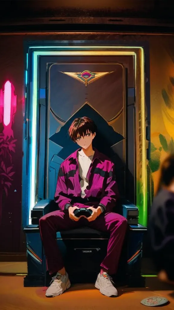 Uva boy,  neon genesis evangelion template, fruit grape, player,  alone, eye patch, purple jumpsuit,  sitting on the throne, head tilt, Holding video game controller, Lance de Longinus \(evangelion\), tiro de cowboy, depth of field, fake traditional media,...