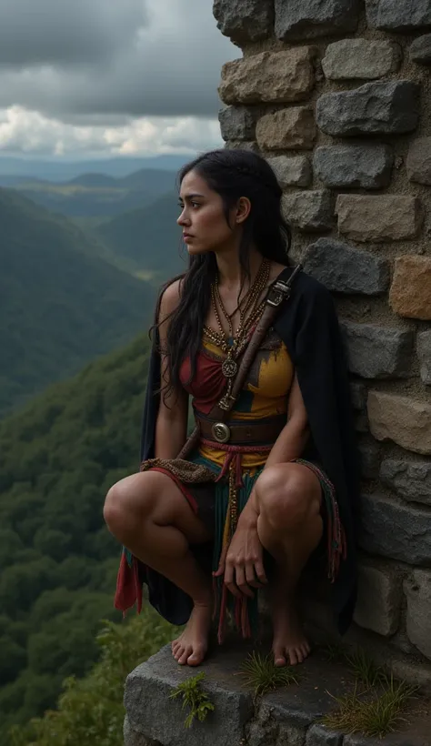 A stunning 20-year-old native Peruvian assassin from the 13th century crouches silently atop an ancient stone fortress, her piercing dark eyes scanning the landscape below. Her face, both elegant and fierce, is framed by long, wavy black hair styled in int...