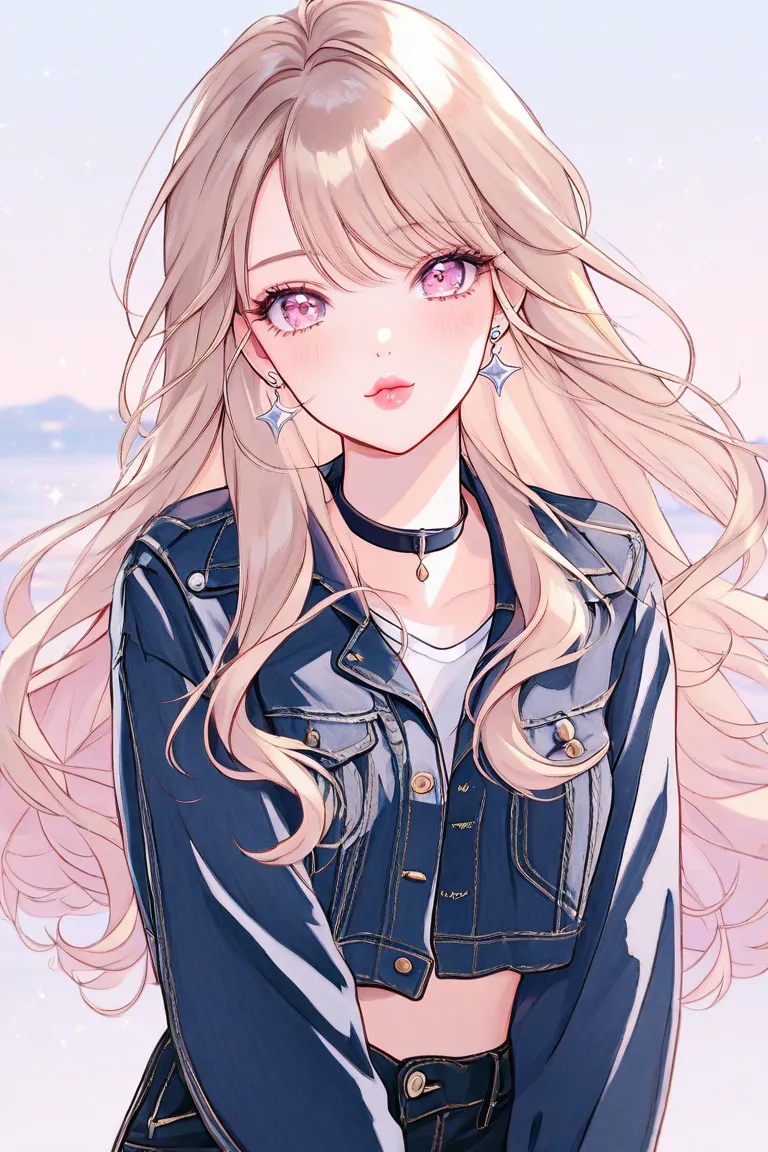 watercolor、 illustrations、1 girl、 beautiful face、cute、Night sky background、 twinkle、beige hair 、 long hair、light pink eyes、Super droopy eyes、black denim jacket、Black denim pants、choker、pink cheeks、 small lips by Telebi、pink lips、 from afar、Earrings