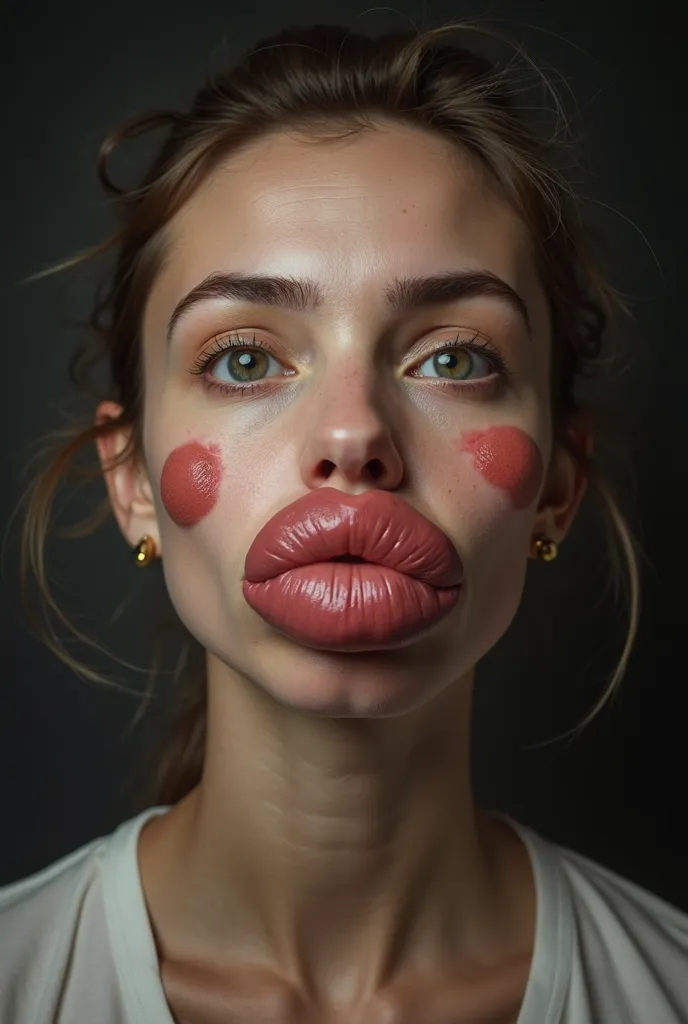 ((best quality)), ((A hyperrealistic photographic portrait of a different woman, with grotesquely puffy and extremely deformed lips due to a failed aesthetic procedure. Her face reflects distress and bewilderment, with glassy eyes and an expression of abso...