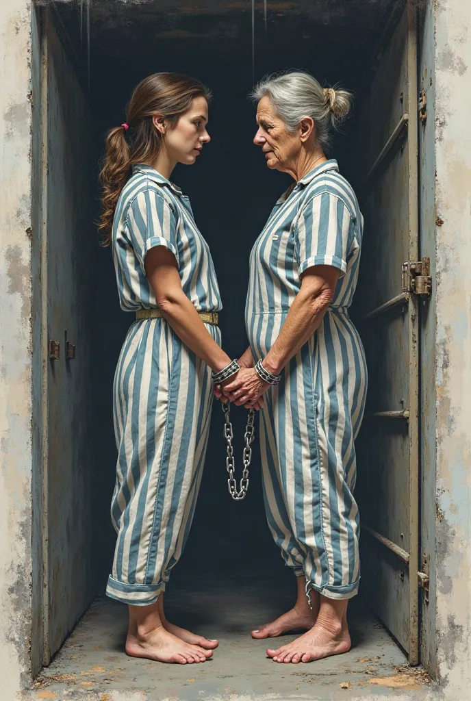 ultrarealism linart color drawing barefoot 14-years-old woman and her toless fat mature 41-years-old mother both in white and dark blue striped prison suit, hands handcuffed chained, standing face to face in small prison cell with iron door