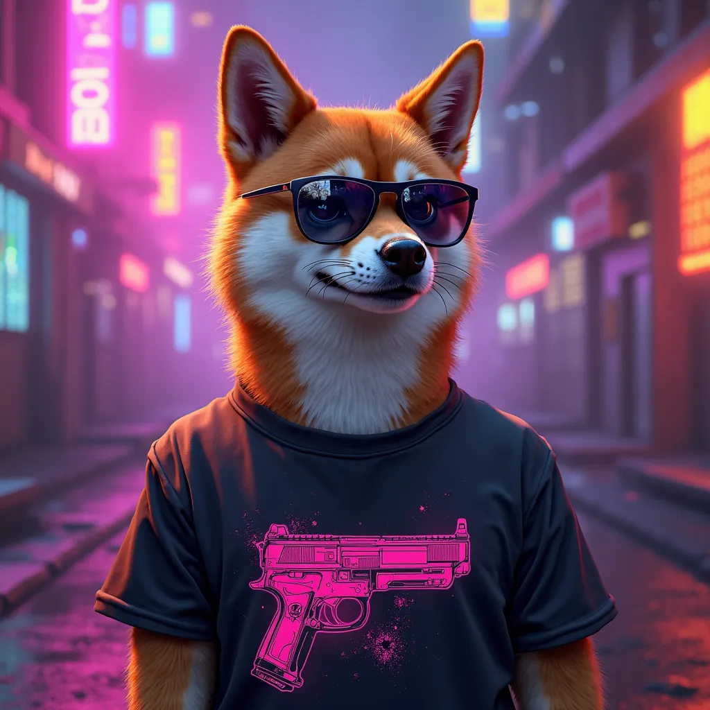 A Shiba dog with sunglasses, super epic counter strike style AK47 t-shirt shirt in pink, purple and black with cyberpunk style background from the hips up and looking to the right
