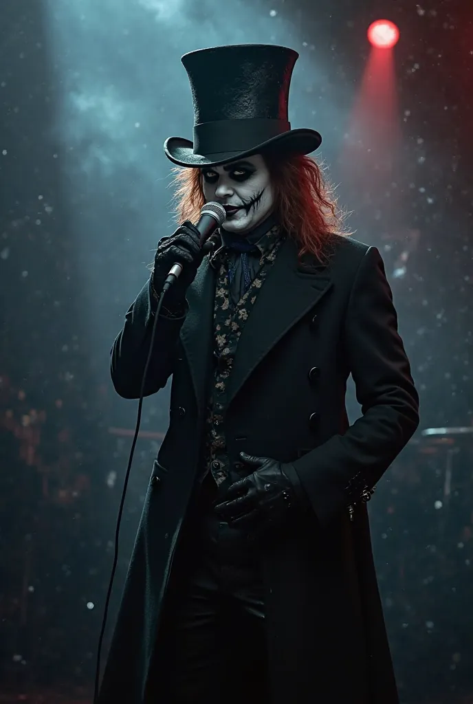 **"A full body image (full lenght) that shows the Mad Hatter with a black top hat, a black overcoat, he wears gothic makeup, singing with a microfone, in the background cosmic space. Epic, high quality, 8 k."**