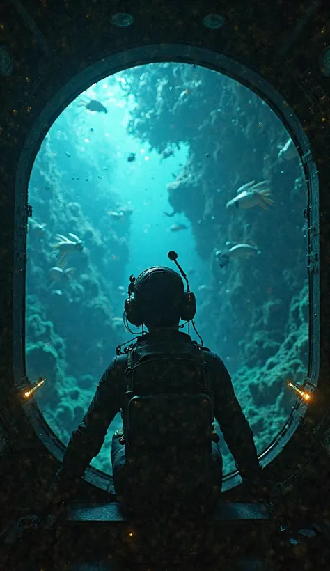 Ultra-realistic POV shot from inside a small personal submarine exploring the depths of an alien ocean. Through the front window, bioluminescent creatures dart past, illuminating the dark waters. Bubbles and the hum of the submarine’s engine create a tense...