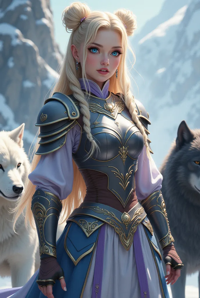 Asian/scandinavian character. Female. Blonde hair, in twin buns and braids,bangs.. Bright blue eyes. Tall, 5'6". Slim. Athletic. Anatomically Correct,  wearing, asian styled clothing, gray, lavender, sky blue. Armoured, mid section, shoulders, forearms.  T...