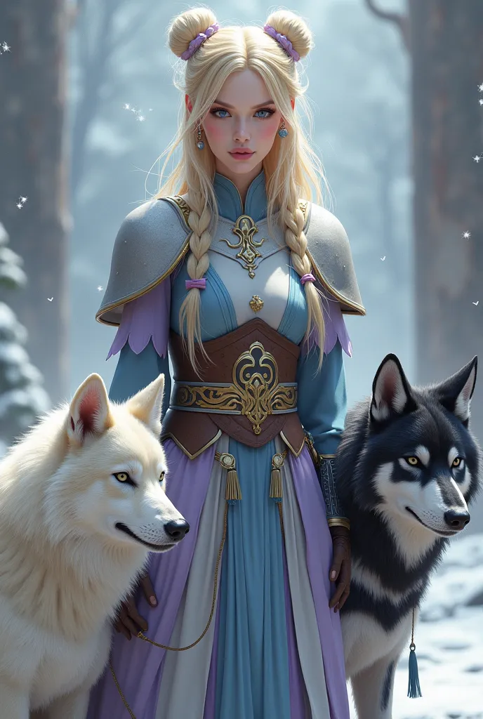 Asian/scandinavian character. Female. Blonde hair, in twin buns and braids,bangs.. Bright blue eyes. Tall, 5'6". Slim. Athletic. Anatomically Correct,  wearing, asian styled clothing, gray, lavender, sky blue. Armoured, mid section, shoulders, forearms.  T...