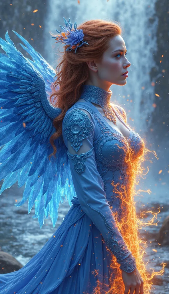 a close up of a woman with blue fire and blue flames on her body, with fiery blue golden wings of flame, action pose, with fiery blue golden wings, epic fantasy art style, concept art | artgerm, phoenix warrior, extremely detailed artgerm, epic fantasy dig...