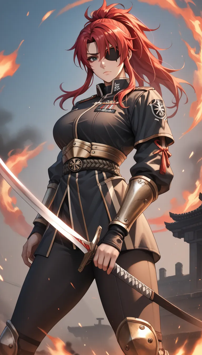 A fierce female warrior with long, wavy, fiery red hair, wearing a tight-fitting military uniform that highlights her athletic physique. She has a sharp, battle-hardened expression with piercing eyes and a scar on her face. A black eyepatch covers her left...