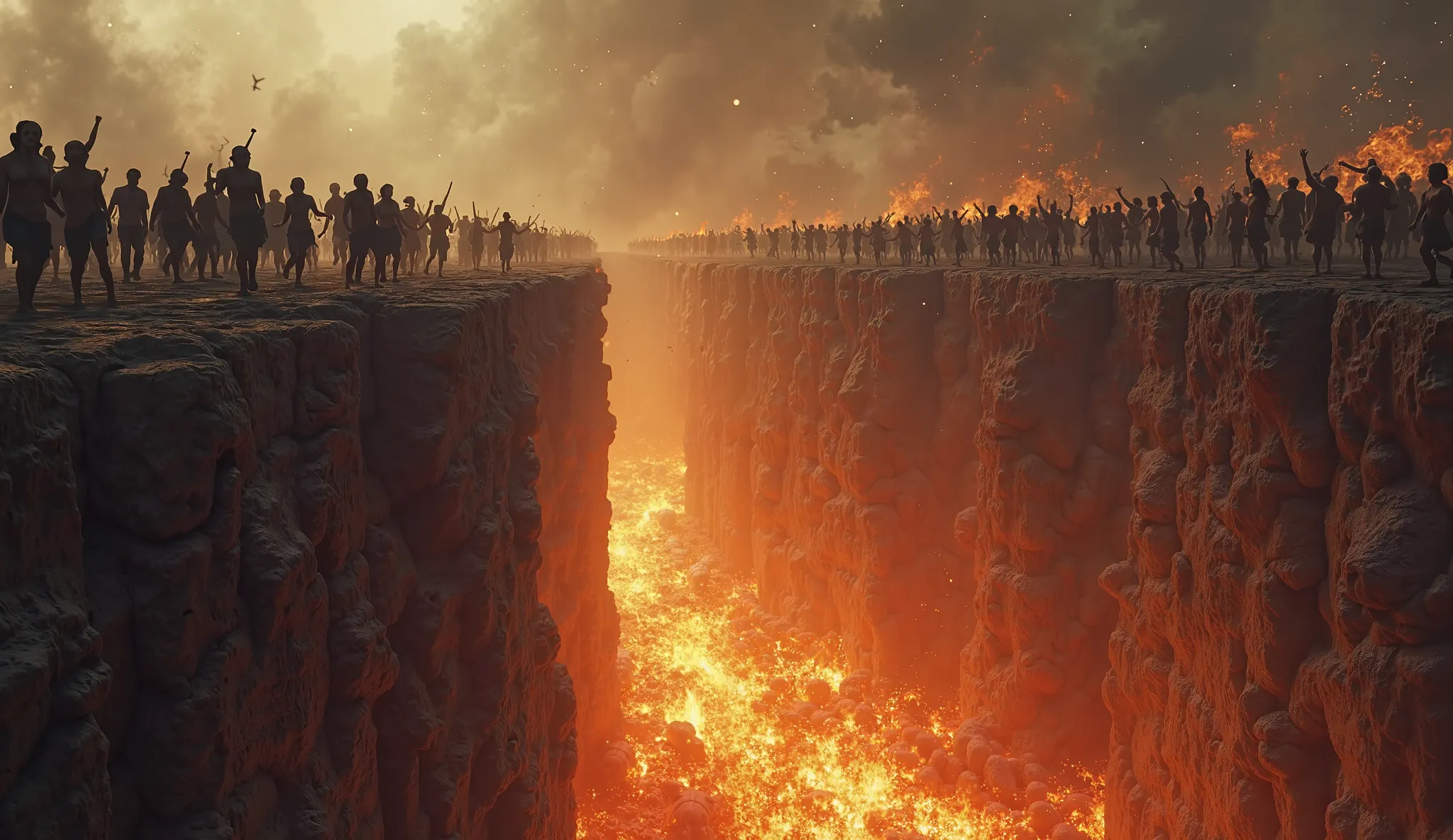 A crowd of people jumping into a fiery hole in the ground they are going to hell agonizing and sad cinematographic images