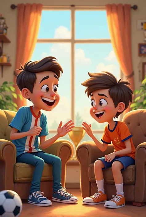 Two animated characters talking about the history of soccer 