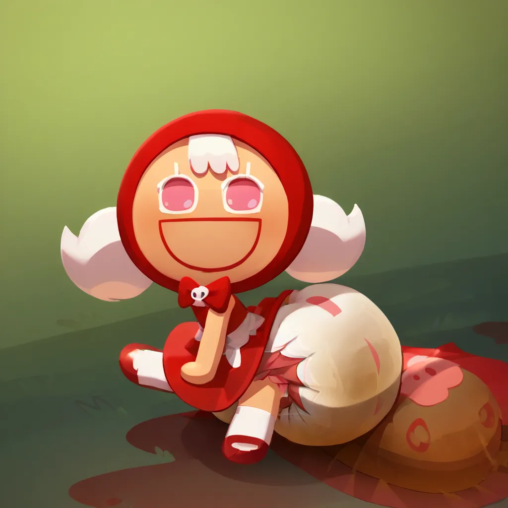 score_9_up, score_8_up, BREAK, CherryCookieRun, 1girl, solo, white hair, pink eyes, red hood, sleeveless dress, red dress, chibi, upper body, forest, smile, (cowboy shot from side), leaning forward, big hips, big diaper, messy diaper, enormous saggy bulgin...