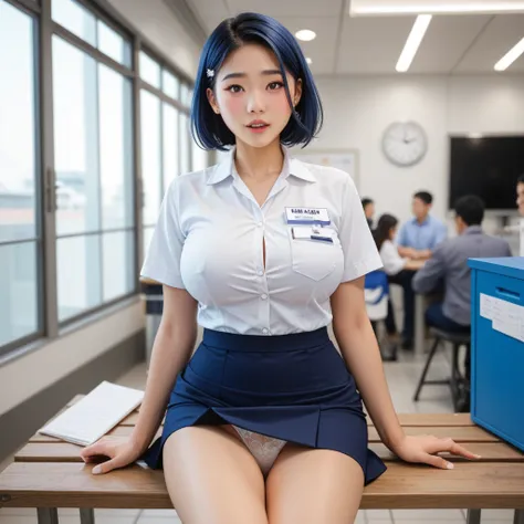  bench、short skirt、 (white panties) 、big breasts、 Japanese、 A View from the Front 、 string panties、Yamaguchi Riko、is embarrassing、I'm nervous、 navy blue skirt 、Employee Quality