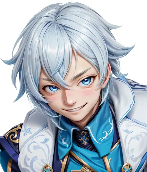 a close up of a person weaAlsog a blue and white outfit, Genshin Impactのキャリング, xqc,  Mischievous Smile, Grinning male bard, Genshin Impact&#39;s Zhongli, delicate androgynous pAlsoce, Also,   Genshin Impact character  ,  Kashmir Art , Hajime Yatate, beauti...