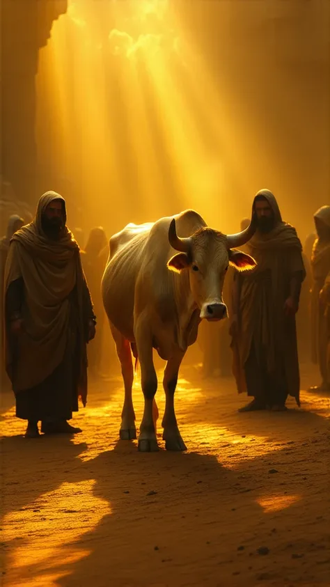 A hyper-realistic ancient setting where Prophet Moses commands his people to sacrifice a golden-yellow cow. The cow stands majestically, its coat shining under the bright yet eerie illumination. The expressions of the people show hesitation and reverence, ...