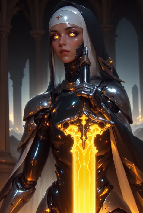 hknuns, Full-body shot of a gorgeous futuristic cyborg woman, wearing a nuns outfit, holding a yellow glowing sword in her hand, with a yellow light emanating from the tip of her sword.  