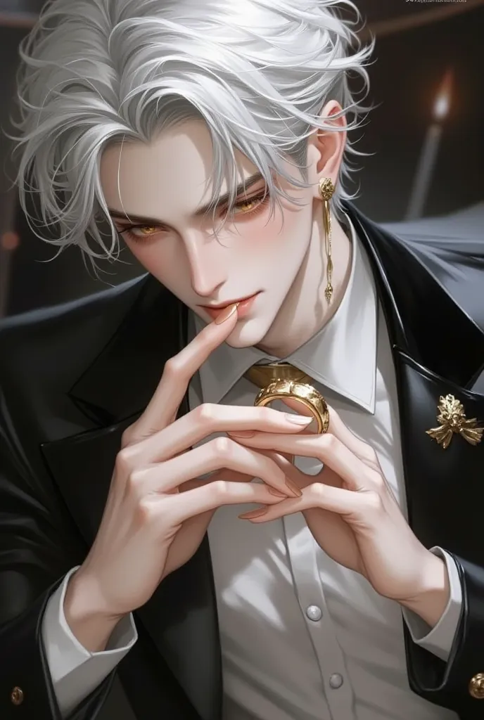   Adult man,Short hair Shirogane, golden eyes, elegant and graceful ,Kiss the ring gently, masterpiece,  Precise,  anatomically correct, 最  High quality,  alto detalle ,   High quality,  anatomically correct, 