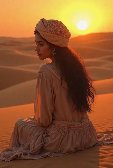 Une fille dans le désert portant un turban sur la tête et le moment est le coucher du soleil et assis sur le sable