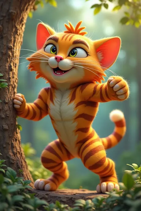 Whiskers 3d cartoon striped orange cat training its muscles and agility,  with determination and focus , using a tree trunk as support,  showing its transformation .