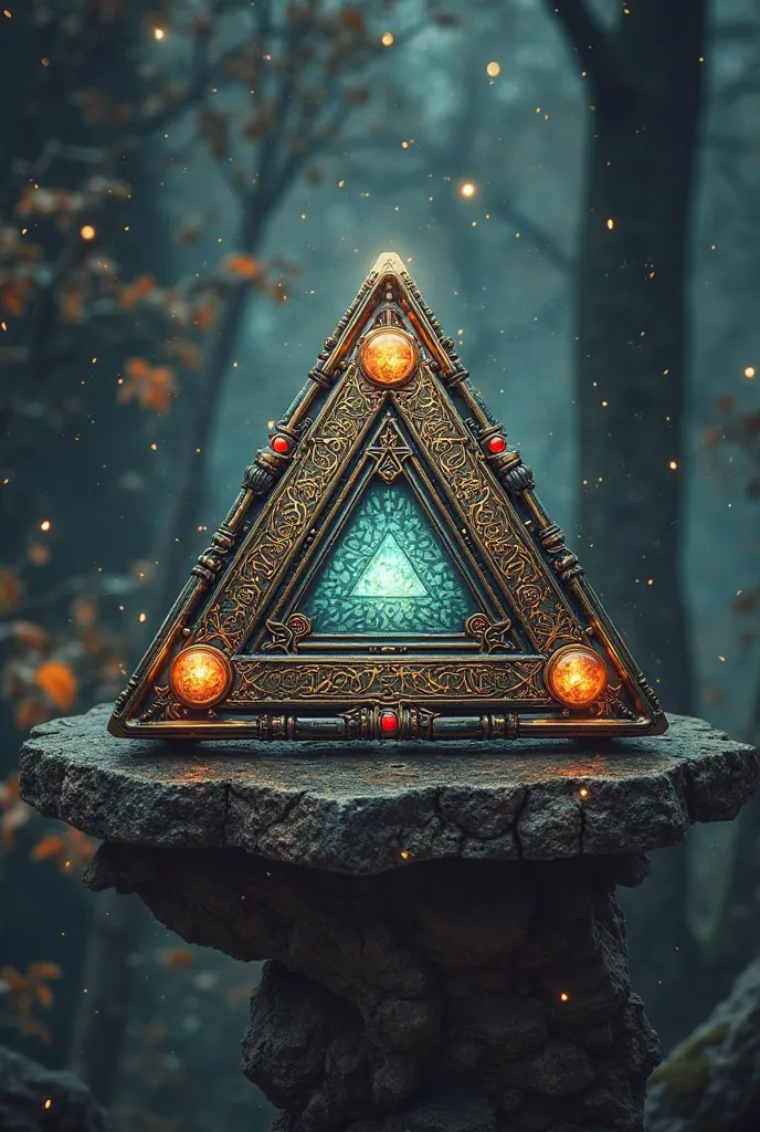 Teleportation device or portal "pocket" o portable. That it looks made with both futuristic and antique materials, like stone , Crystals, magic. That has a triangular shape.
