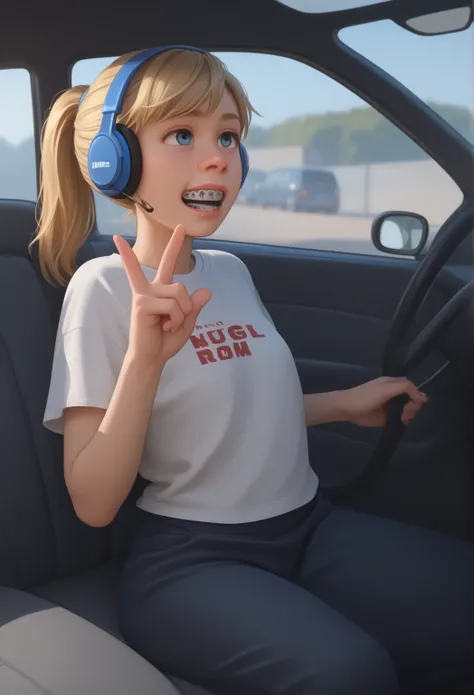 score_9, score_8_up, score_7_up, score_6_up, score_5_up, score_4_up, 'heavy'; chunky', fat'; obese' for her size', ri_ley2, 01girl10, ponytail, blond hair, 'in a car', 'headphones', 'peace sign', 'selfie', braces, best quality, no flaws, active’ reflex' of...