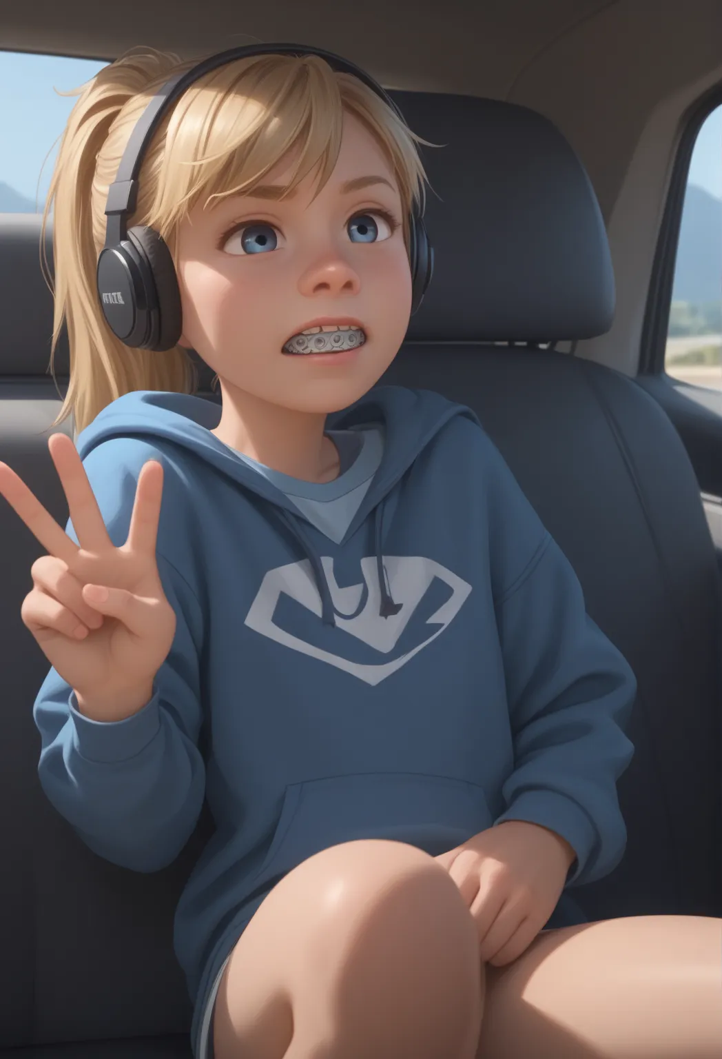 score_9, score_8_up, score_7_up, score_6_up, score_5_up, score_4_up, 'heavy'; chunky', fat'; obese' for her size', ri_ley2, 01girl10, ponytail, blond hair, 'in a car', 'headphones', 'peace sign', 'selfie', braces, best quality, no flaws, active’ reflex' of...