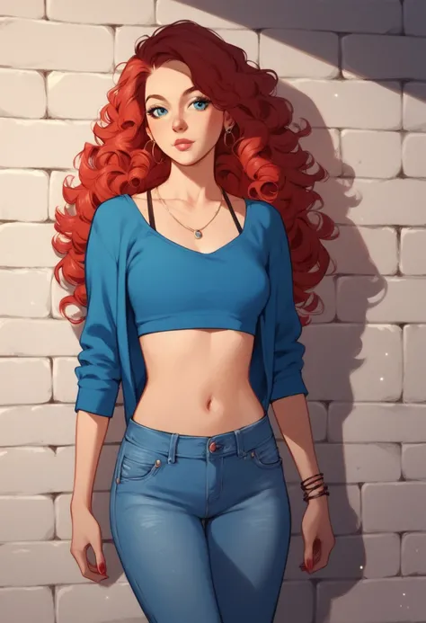  Anime character. Young red-haired woman with long curly hair,  blue shirt and jeans  