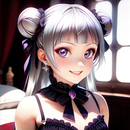 ((TOP QUALITY)), (( masterpiece)), (exhaustive), {{eye focus,Character focus}}, Love Live style girl, Alone, ((silver hair)), ((purple eyes)), ((((two low ball like buns)))), short blunt bangs, side bangs , (((small bust))), Petite,((gothic lolita)), styli...