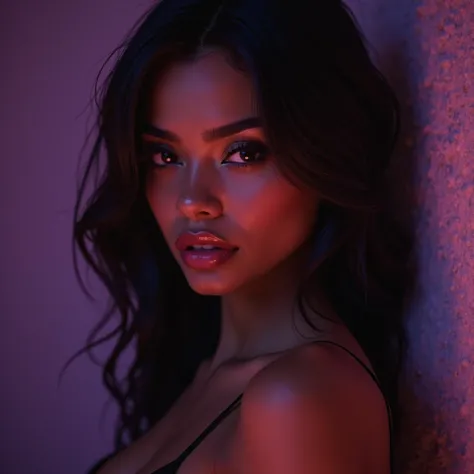 Slightly soaked black haired beautiful bi woman looking sexy looking with purple lighting background