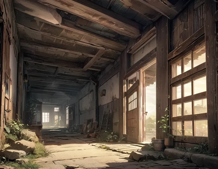 anime background, nostalgic, top angle side view, (no human), ancient, inside house