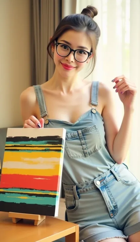 Young Asian woman, mid-20s, displaying a colorful abstract painting.  Casual denim overalls, light wash,  bare shoulders,  slightly suggestive pose.  Woman is wearing round black glasses, and has a pleasant, engaging expression.  Her hair is pulled back in...